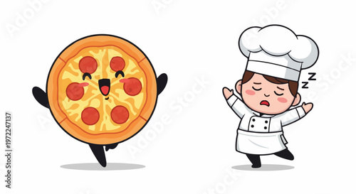 Cartoon Pizza and Chef - A Delightful Culinary Illustration.