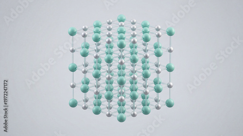 Interlocking lattice of atomic spheres reveals the elegant architecture of a chemical compound in a serene, illuminated space