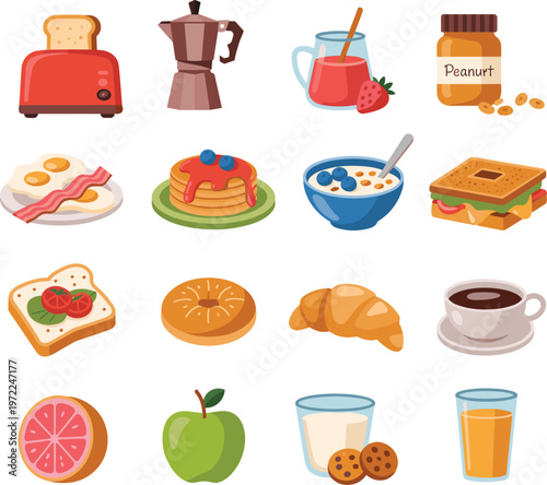 Assortment of breakfast foods and drinks in a flat design style meal morning