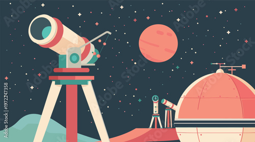 Observatory dome operator working at telescope astronomy research facility professional scientist monitoring celestial objects night sky star observation modern scientific equipment technology concept