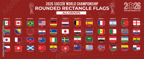 Rounded Rectangle National Flags Collection for 2026 World Cup Football Championship Group Table 