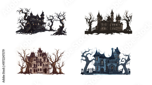 Old Gothic haunted mansion with twisted trees eerie dark abandoned estate spooky architecture mysterious forest creepy atmosphere haunted historical house shadowy gothic design Halloween concept