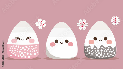 Onigiri with blushing cheeks and cute face kawaii Japanese rice ball adorable happy expression smiling food character illustration charming cute snack concept