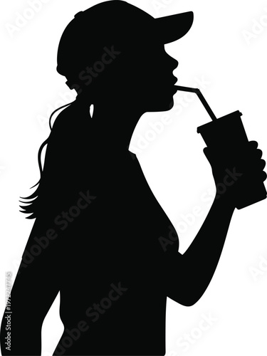 Silhouette of a woman wearing a baseball cap drinking from a cup with a straw female