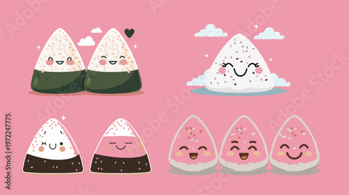 Onigiri with blushing cheeks and cute face kawaii Japanese rice ball adorable happy expression smiling food character illustration charming cute snack concept