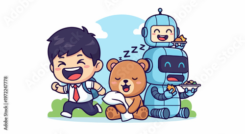 Cheerful Boy, Sleeping Teddy Bear, and Robot with Food in Cartoon Illustration.