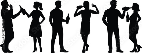 Silhouettes of people holding and drinking from bottles and glasses group women