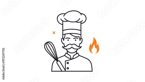 Professional chef character holding a whisk with a flame symbol represents culinary expertise and hot cooking techniques.