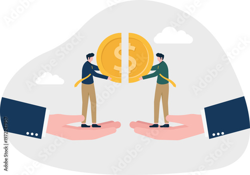 Hands offering a broken gold coin to professionals