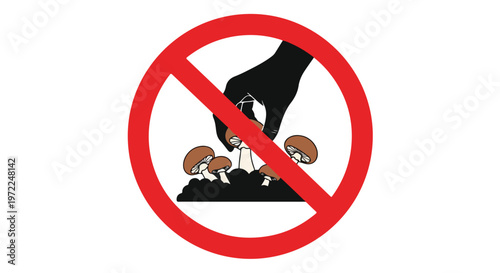 Red prohibition sign indicating no mushroom picking or foraging in a natural environment