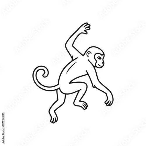 Monkey zodiac line art illustration, Chinese New Year symbol, black outline animal design, years 1980, 1992, 2004, 2016, 2028