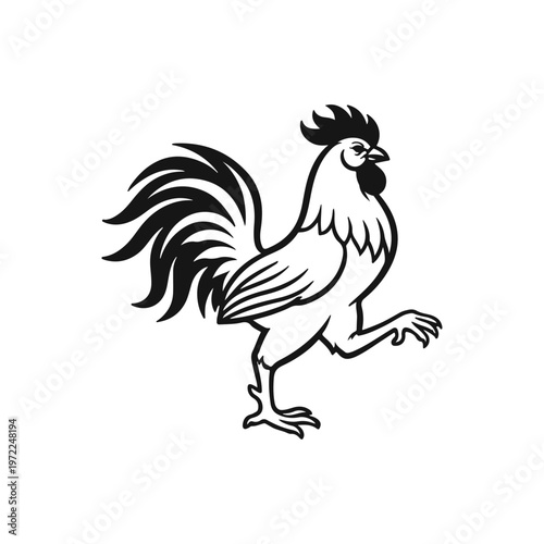 Rooster zodiac line art illustration, Chinese New Year symbol, black outline animal design, years 1981, 1993, 2005, 2017, 2029