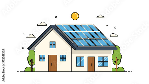 Modern suburban house featuring solar panels on the roof with a bright sun icon represents sustainable home energy use.