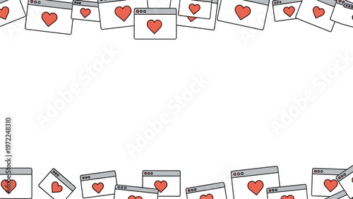 Border frame composed of internet browser windows with heart symbols represents online dating and digital social love.