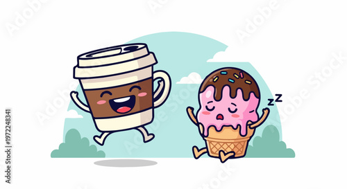 Cheerful Coffee Cup and Sleepy Ice Cream Cone Cartoon Characters.