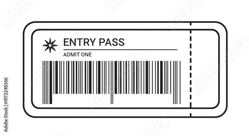 Entry pass ticket, barcode admission, event access card, ticket stub isolated on White Background