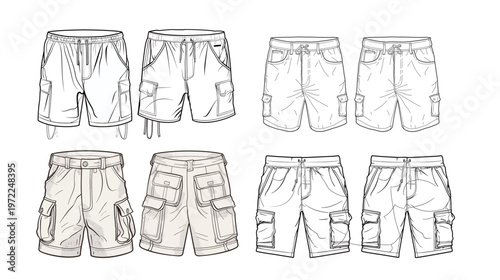 Outline of casual shorts with pockets on white background minimalist fashion vector illustration simple summer clothing design modern casual wear flat style clean lines