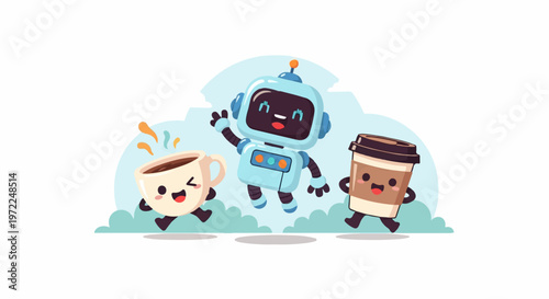 Cheerful Robot and Coffee Cups Dancing Together in Joyful Scene.