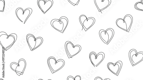 Scattered pattern of hand drawn sketch hearts on a white background provides a casual and romantic design for various uses.