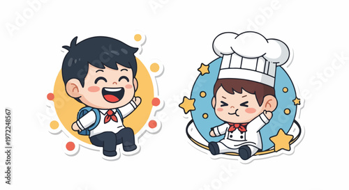Cheerful Schoolboy and Chef Cartoon Characters with Unique Expressions.