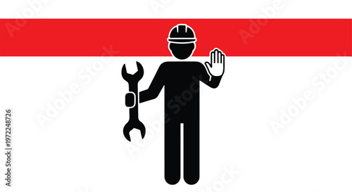 Construction worker icon holding a wrench and signaling stop with his hand, representing safety and labor