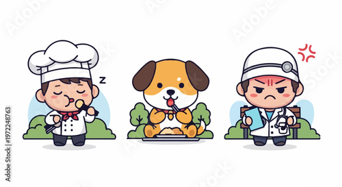 Chef Sleeping, Dog Excited, and Angry Doctor in Cartoon Illustration.