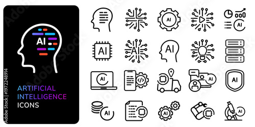 Artificial intelligence line icon set featuring neural networks machine learning robotic process automation data science head circuit boards deep learning