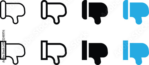 Set of dislike icons, thumbs down symbols in different styles, outline, solid and colored vector illustration