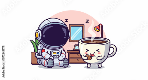 Cute Astronaut Resting Beside a Happy Coffee Cup in a Cozy Room.