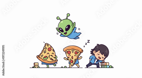 Cute Cartoon Alien Hovering Over Pizza Slices and a Sleeping Person.