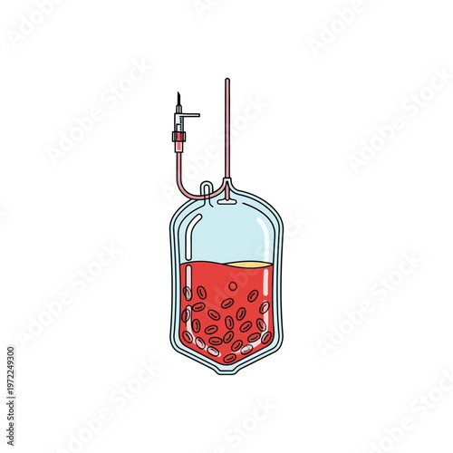 Medical illustration of a blood bag with red blood cells for transfusion.