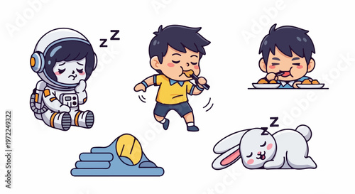 Cute Cartoon Astronaut, Boy Eating, Sleeping Bunny, and Sleeping Pillow Set.