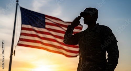 Happy independence day patriotic silhouette of soldier saluting american flag