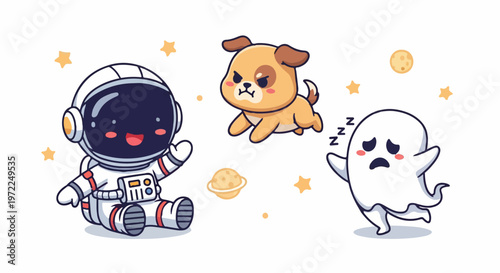 Cute Cartoon Astronaut, Puppy, and Ghost Characters Floating in Space.