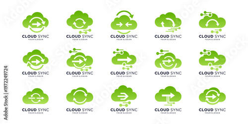 Collection of cloud server logos symbolizing data hosting, network infrastructure, and computing technology.