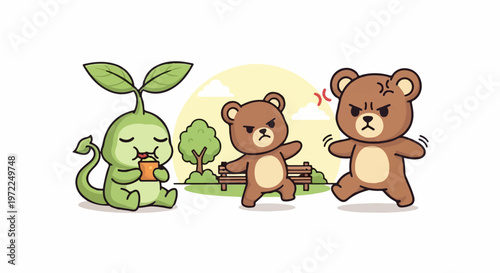 Cute cartoon bears and plant character having a disagreement in the park.