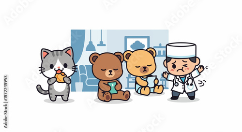 Cute Cartoon Cat, Teddy Bears, and Doctor in a Medical Setting.