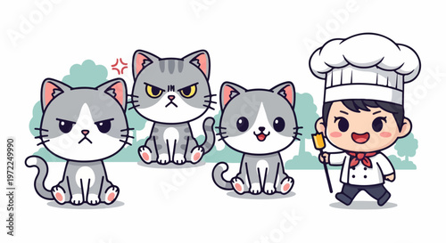 Cute Cartoon Cats and Chef - Adorable Culinary Companionship Concept.