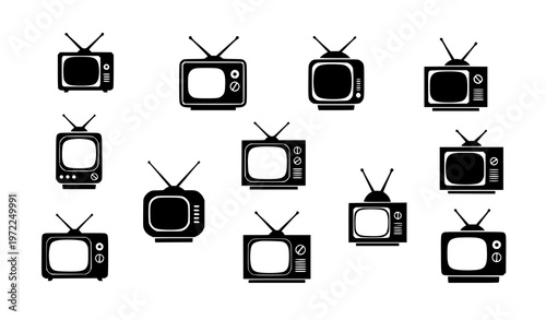 Minimal retro TV silhouette vector icon set vintage television illustration