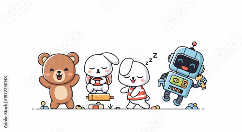 Cute Cartoon Characters - Bear, Bunnies, and Robot Friends in a Row.