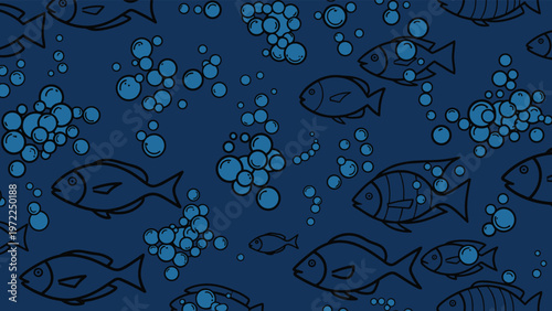 dark blue underwater scene pattern with fish and bubbles ideal for bathroom decor or aquatic themed stationery products.
