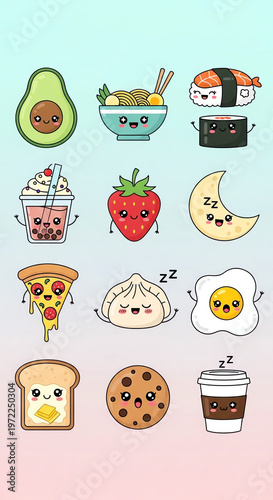 A collection of cute food icons with sleeping faces on a gradient background.