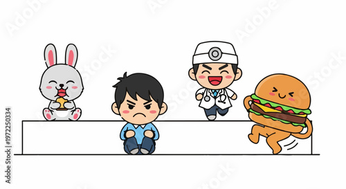 Cute Cartoon Characters Depicting Healthcare, Food, and Emotions.