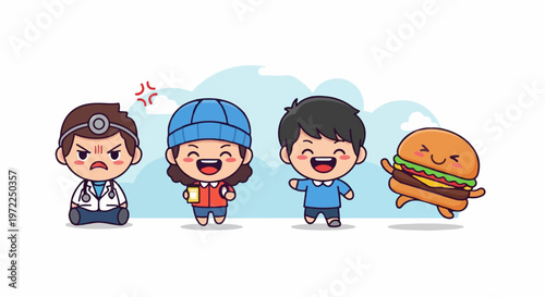 Cute Cartoon Characters - Doctor, Boy, Girl, and Happy Hamburger.