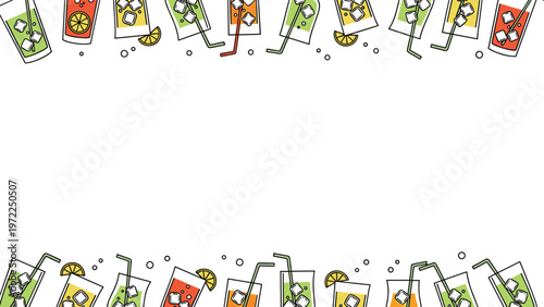 frame of refreshing summer cocktails and cold drinks with straws and ice cubes on a clean white background for copy space.