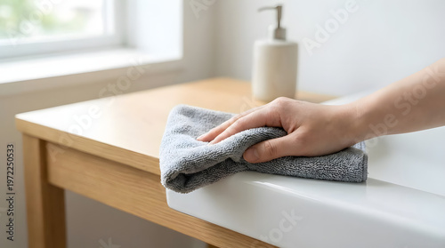 Hand cleaning a white sink and wooden countertop with a gray cloth, promoting hygiene and tidiness in a domestic setting