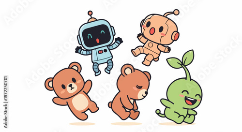Cute Cartoon Characters - Robot, Astronaut, Bears, and Plant Friends.