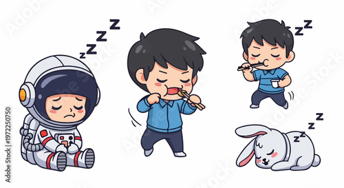 Cute cartoon characters sleeping peacefully in various poses and situations.