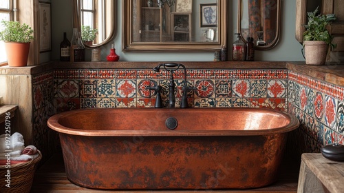Copper bathtub in a rustic bathroom with patterned tiles.  A tranquil and luxurious space.
