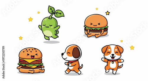 Cute Cartoon Characters - Smiling Plant, Burgers, and Adorable Dogs.